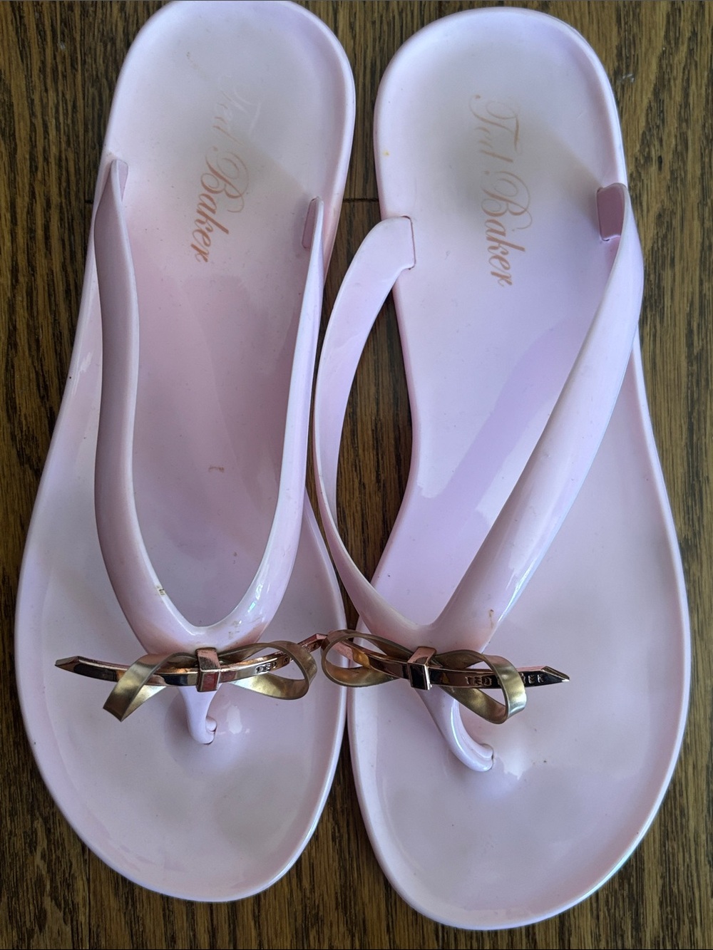 Ted Baker Pale Pink Jelly Flip Flops with Gold Bow Accent